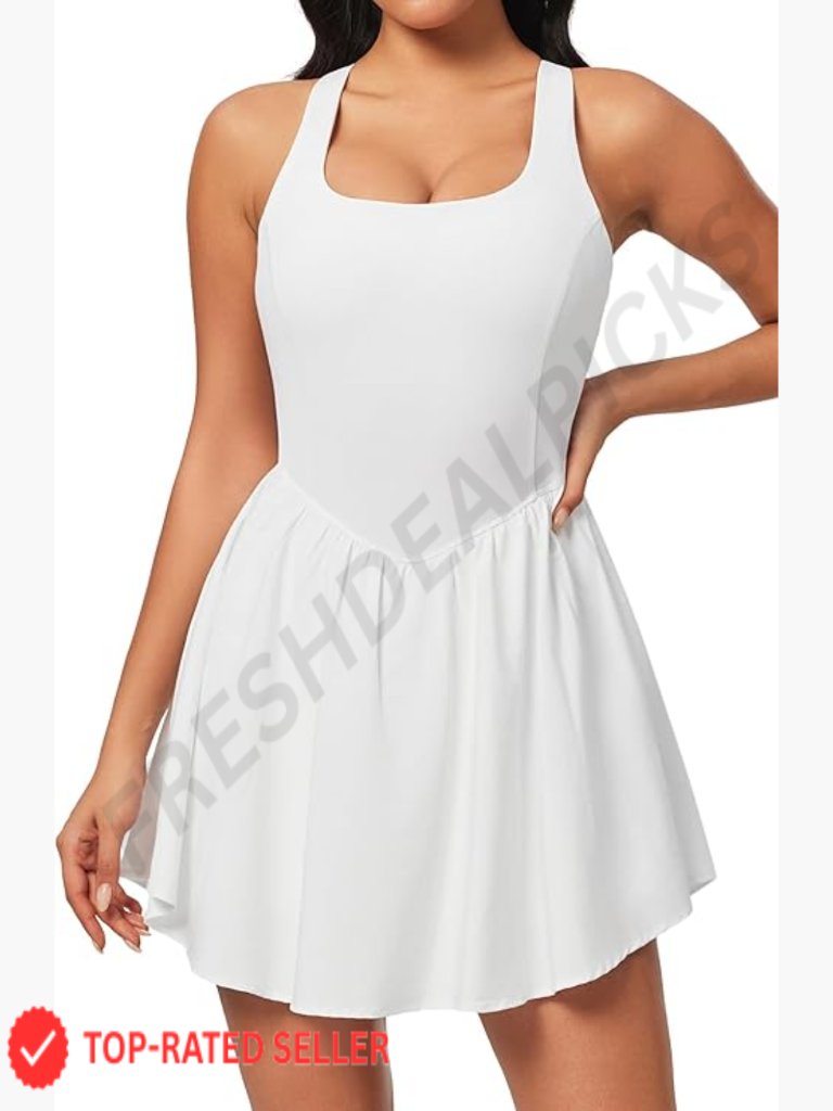 Tennis Dress With Built-In Shorts Square Neck Sleeveless Activewear Athletic